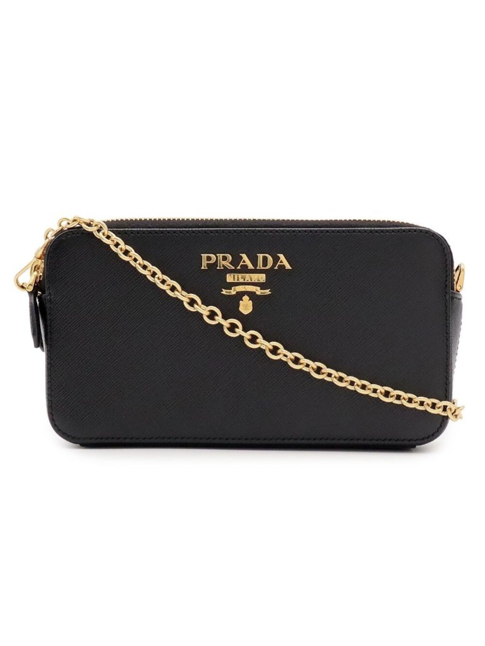 Prada Chain Shoulder Bag Wallet 2-Way Clutch Saffiano Leather Nero Black Gold